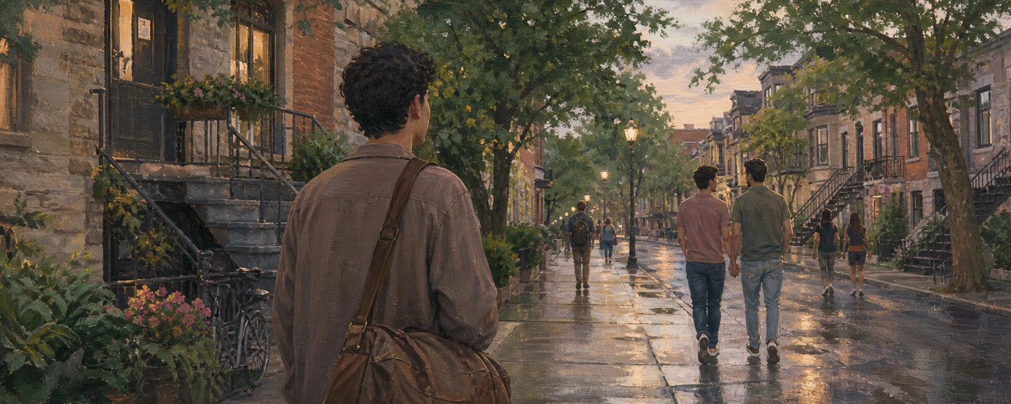A newcomer carrying a travel bag watches a couple walk hand in hand on a rain-washed Montreal street.