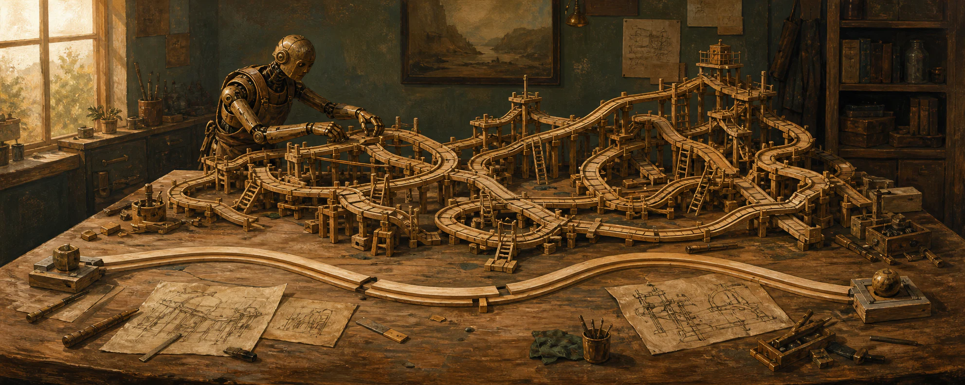A diligent brass automaton builds an elaborate branching track while a simple direct route lies unfinished in front of it.