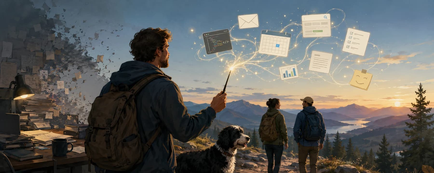 A hiker uses a wand to send glowing AI task cards across a mountain landscape.