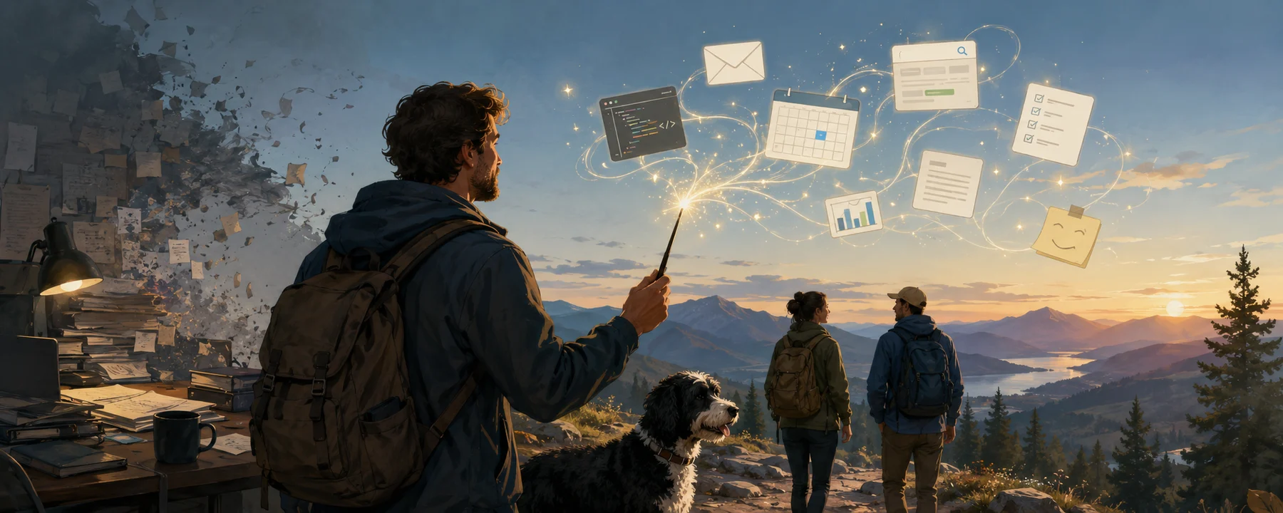 A hiker uses a wand to send glowing AI task cards across a mountain landscape.