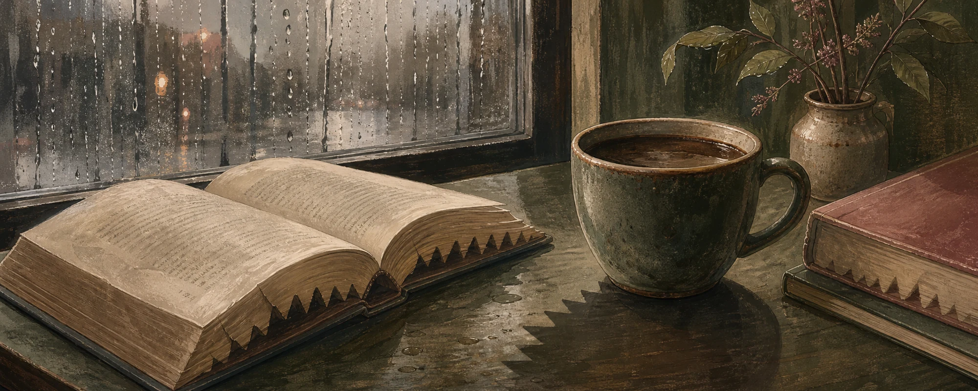 An open book and a cup of coffee by a rain-streaked window, with subtle tooth-like shadows and page edges.